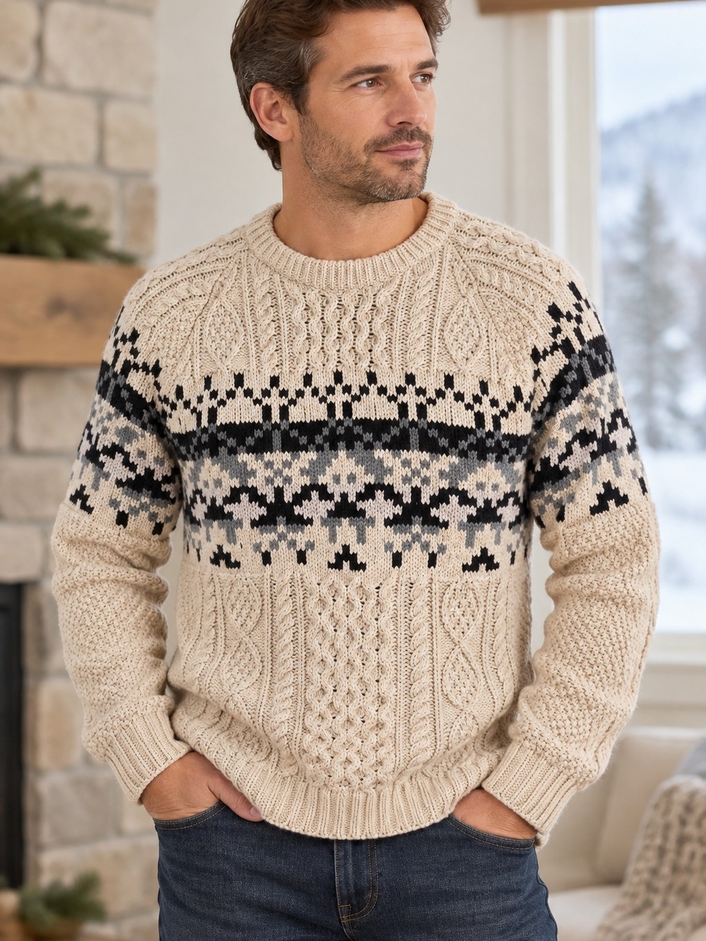 L.L. Bean Signature Cotton Cream Fair Isle Cable Knit Crewneck Sweater Sz M